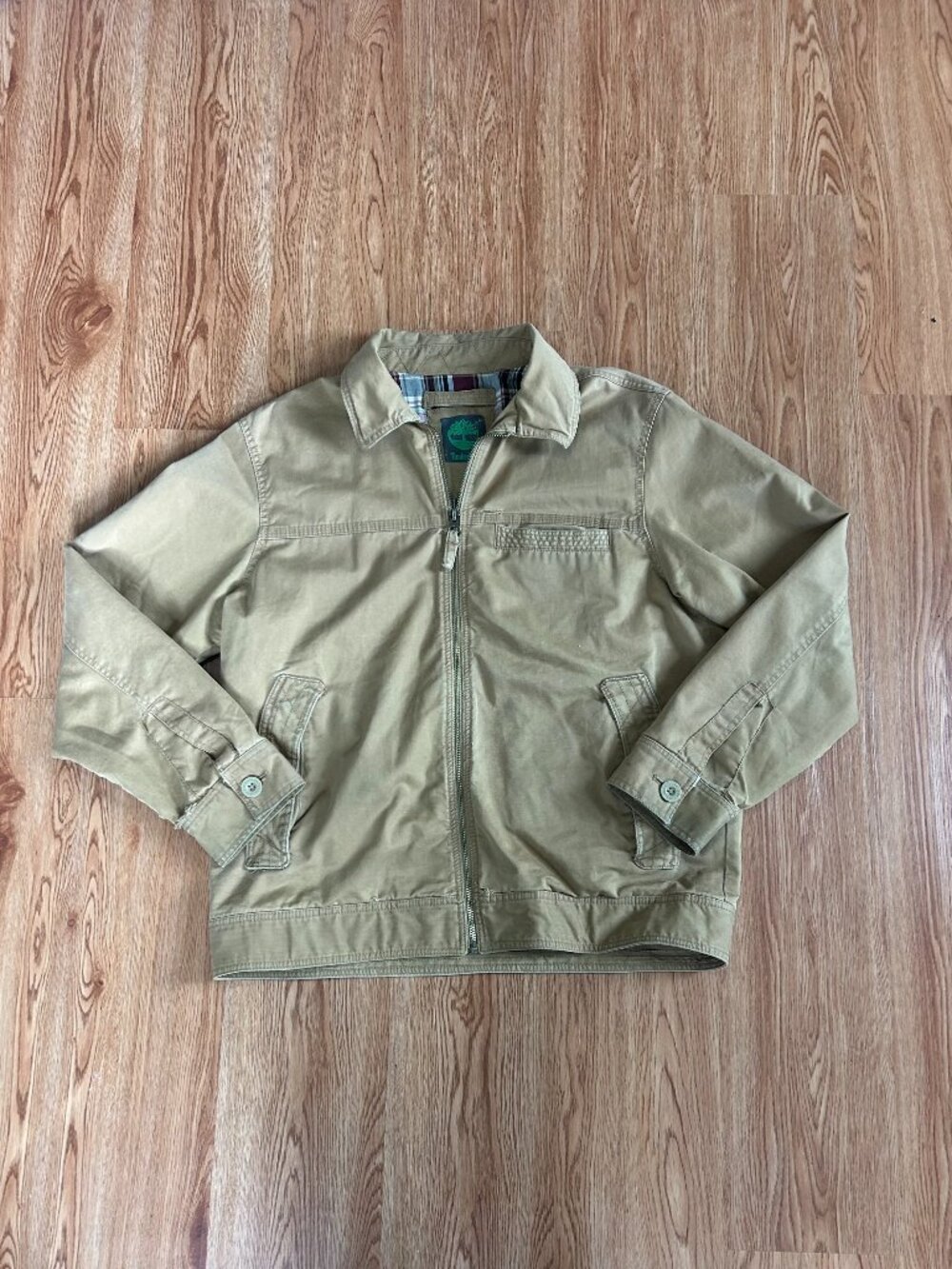 Timberland Tan Canvas Harrington Jacket — Plaid Lined — Size Large